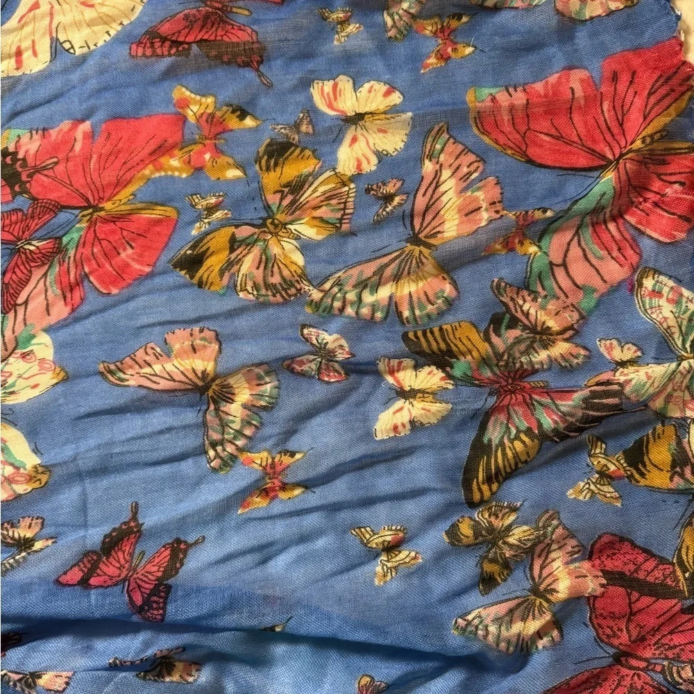 Blue Butterfly Print Scarf Fringe Lightweight Wrap Boho Vibes